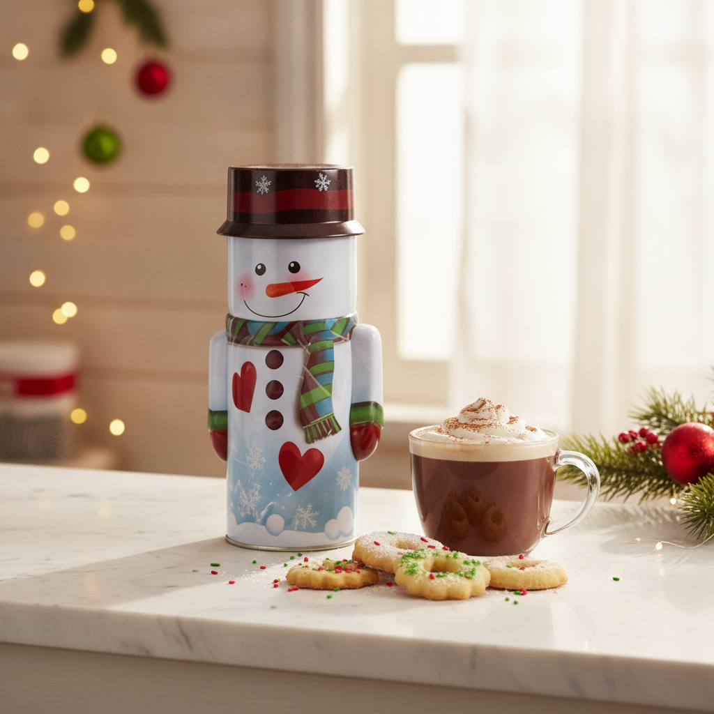 Lata navideña snowman cocina chilena con galletas y chocolate caliente