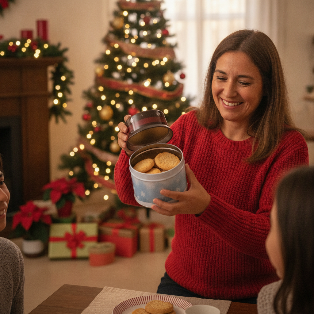 Familia chilena compartiendo galletas caja metálica muñeco de nieve Navidad