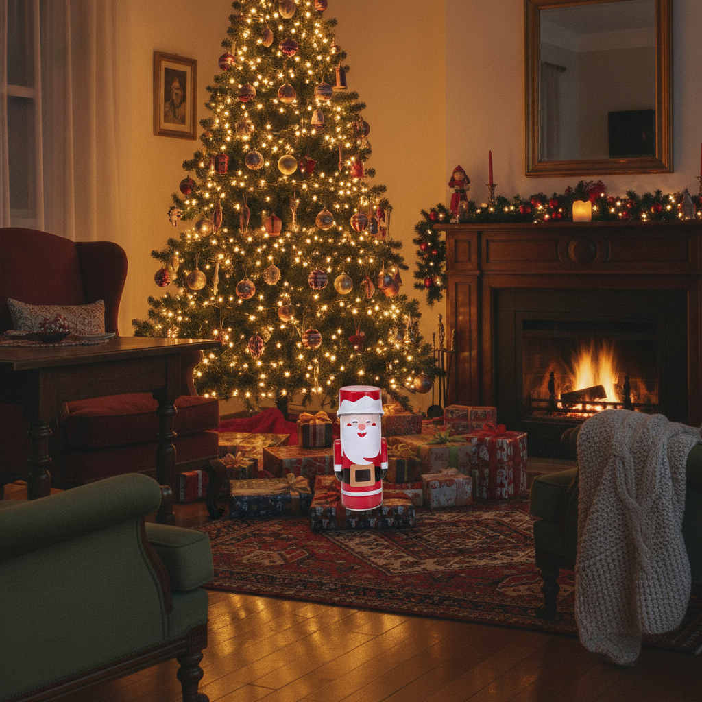 Caja lata navideña Viejito Pascuero bajo árbol de navidad living chileno