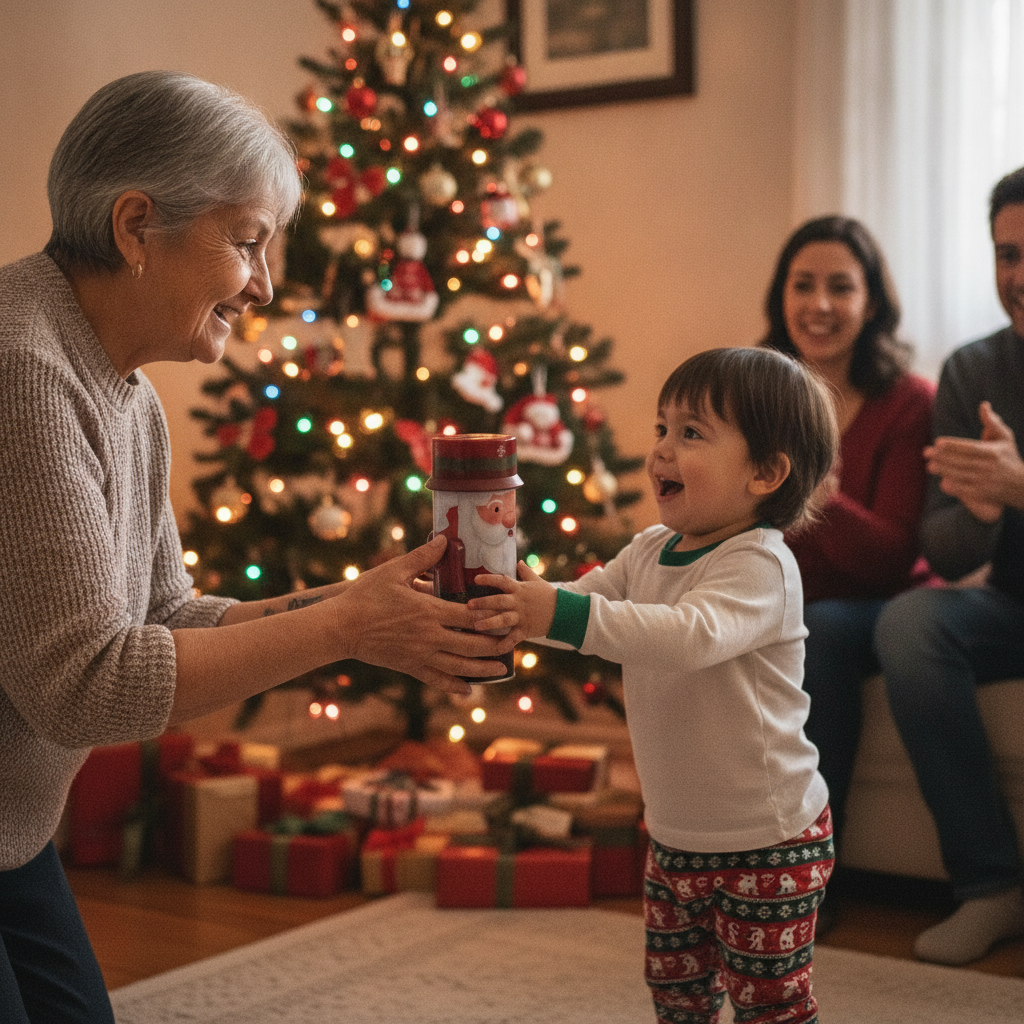 Caja regalo navideña Viejito Pascuero familia chilena intercambio regalos