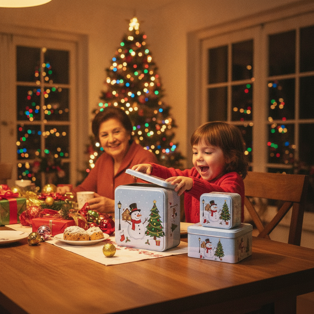 Niño abriendo caja lata navideña reunión familiar chilena árbol navidad