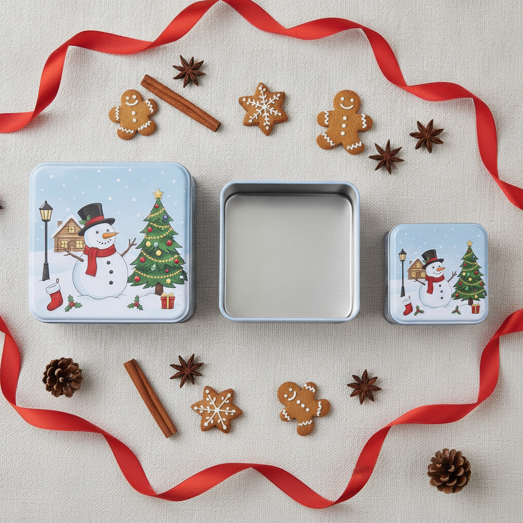 Flat lay cajas navideñas abiertas con galletas y decoración navideña