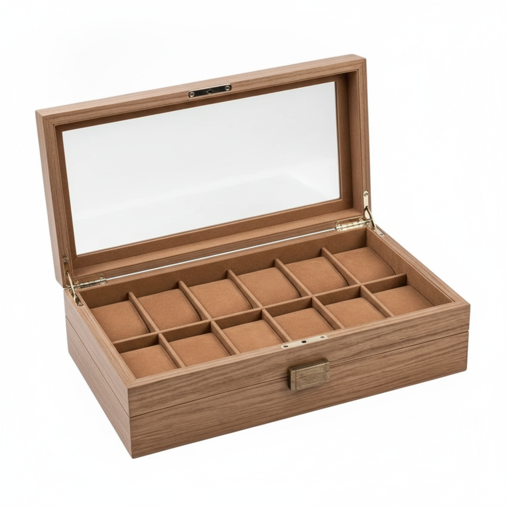 Caja organizador relojes madera tapa vidrio 12 compartimentos vista frontal abierta