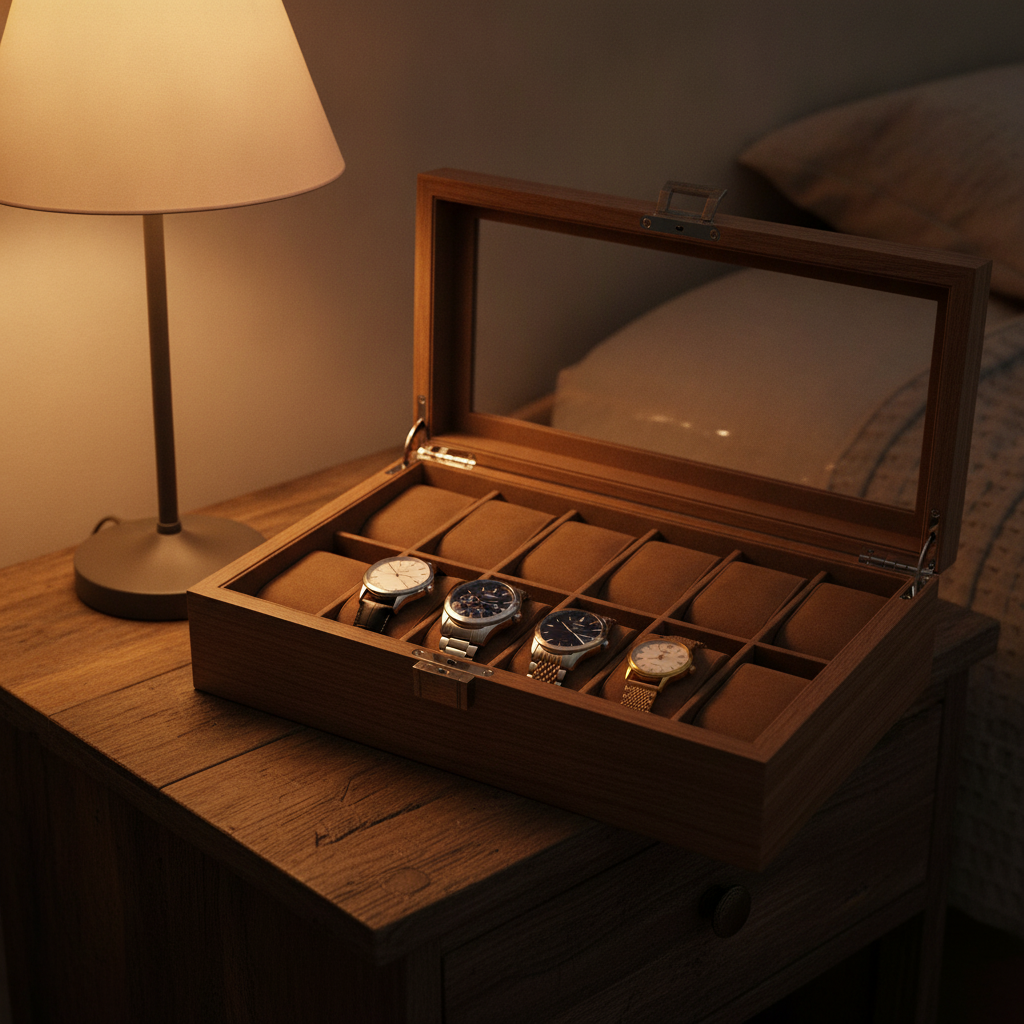 Caja organizador 12 relojes madera abierta con relojes en compartimentos dormitorio