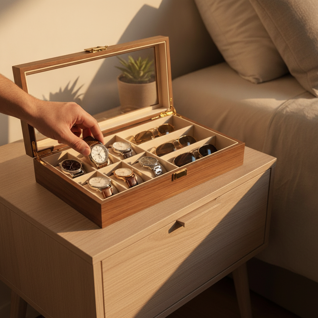 Caja organizador relojes madera nogal mano tomando reloj velador dormitorio