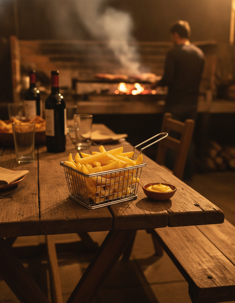 Canasta metálica papas fritas servida en quincho chileno asado