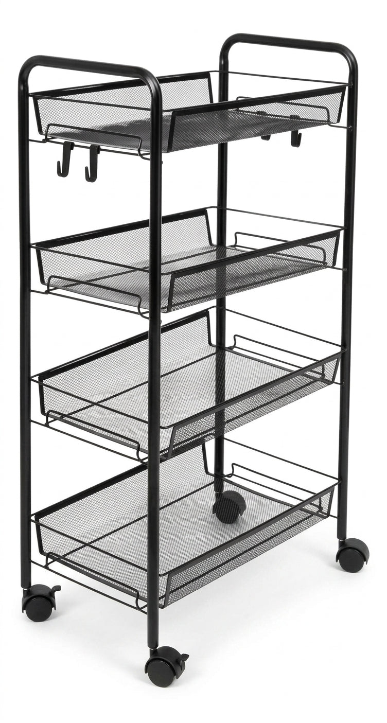 Carro organizador metálico 4 niveles negro con ruedas vista frontal