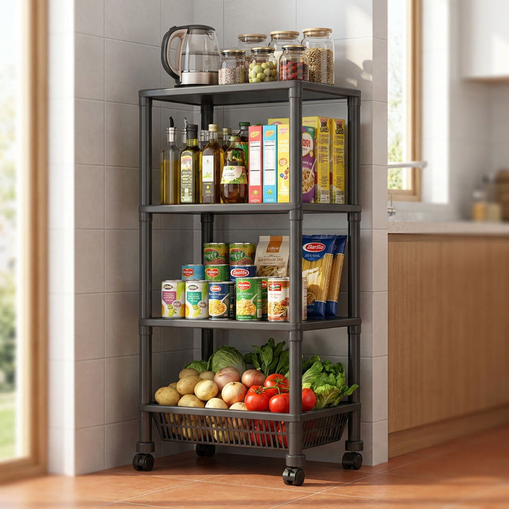 Verdulero metalico 4 niveles con ruedas en cocina chilena moderna con especias