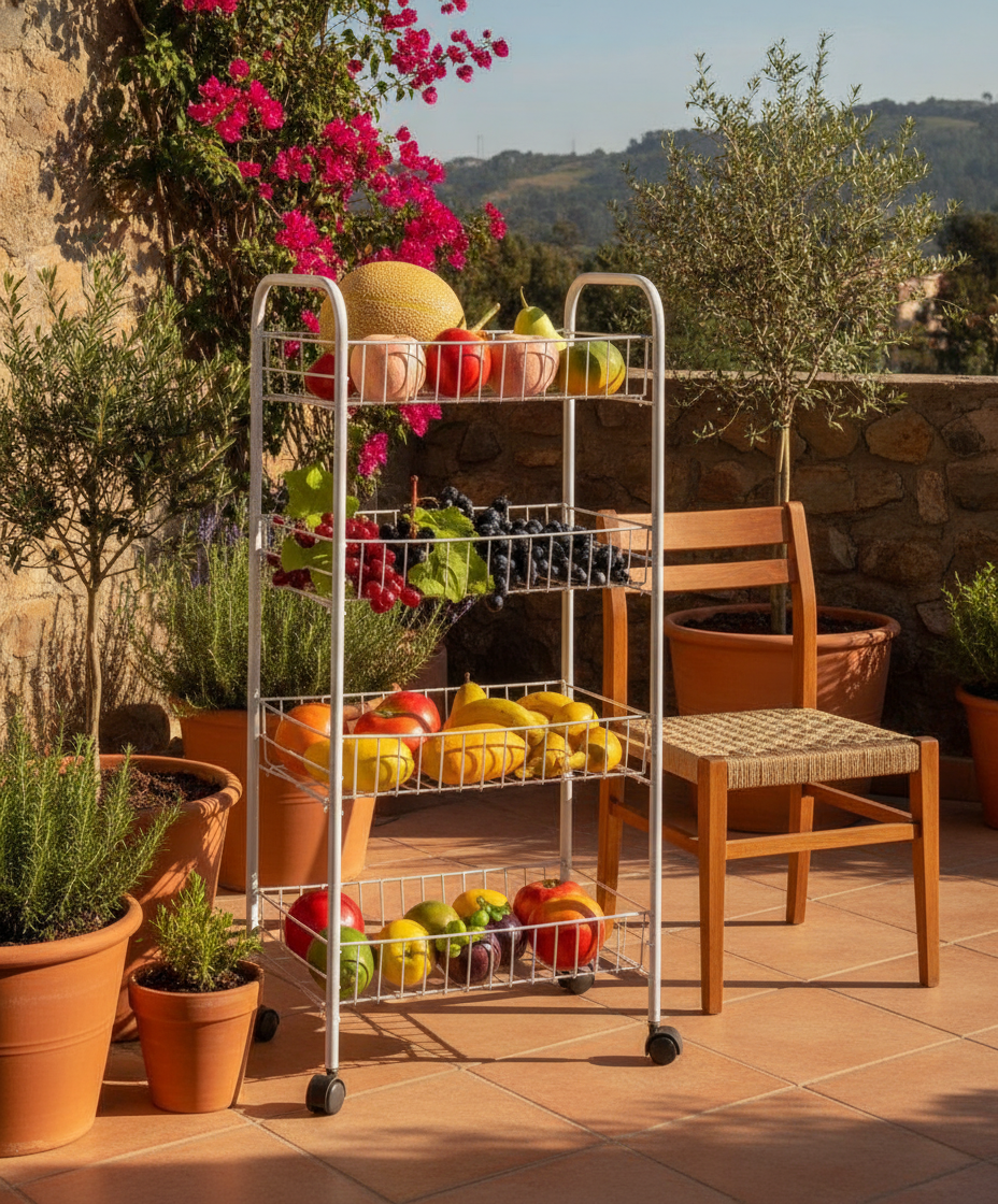 Carro metálico con ruedas terraza hogar chileno organizador frutas