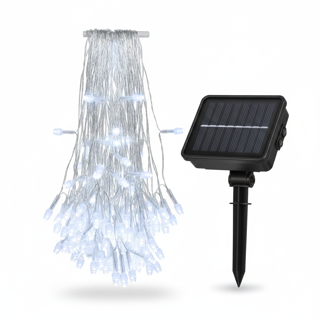 Cascada luces LED solar 56 luces 3m blanco frío vista frontal producto
