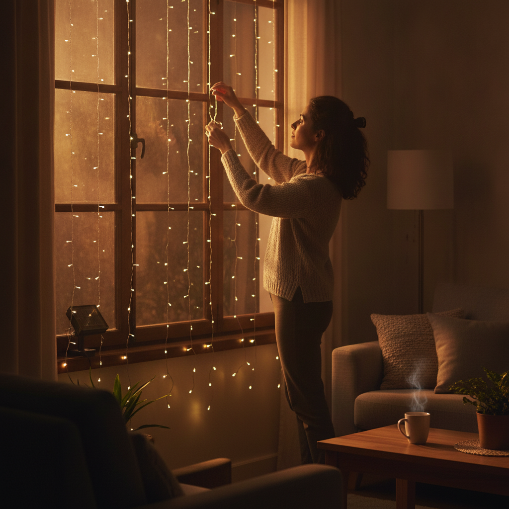 Mujer chilena instalando guirnalda cascada LED solar ventana living