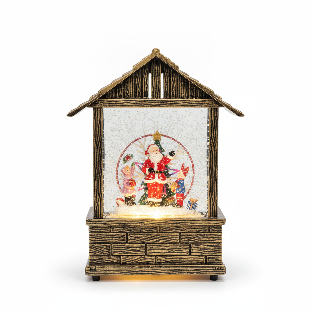 Adorno navideño casita musical Viejito Pascuero luz LED nieve giratoria vista frontal
