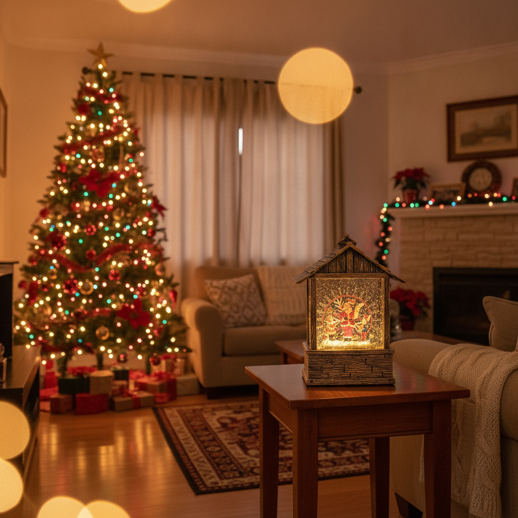 Casita navideña musical LED decorando living chileno en Navidad