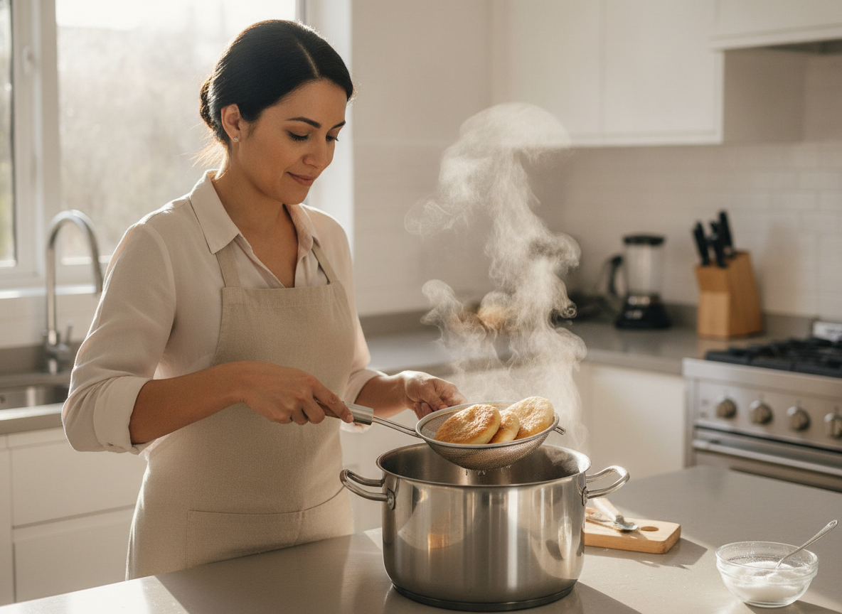 Espumadera colador metálico escurriendo papas fritas aceite caliente