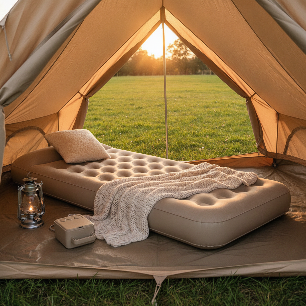 Cama inflable individual camping carpa verde al aire libre con frazada y almohada