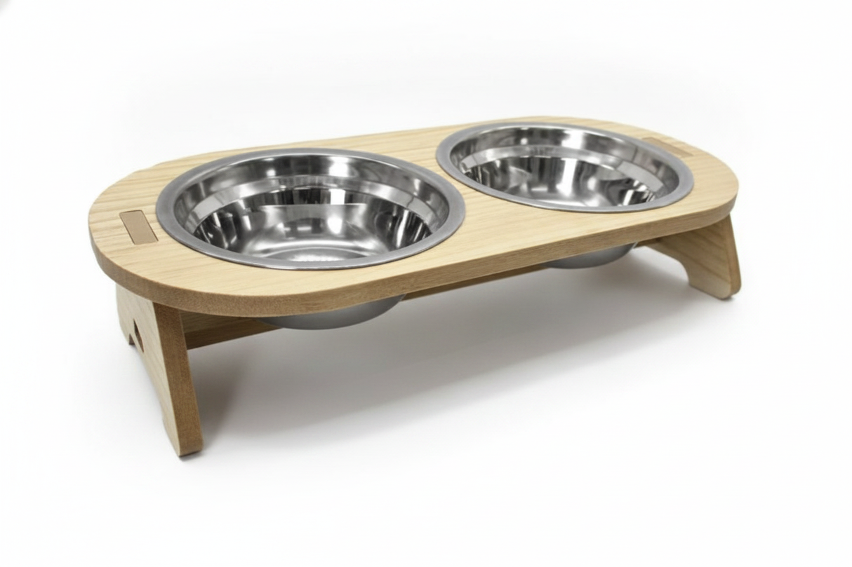 Comedero elevado doble perro gato acero inox madera vista frontal fondo blanco