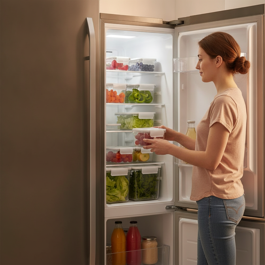 Contenedores herméticos modular refrigerador mujer cocina chilena vista lateral