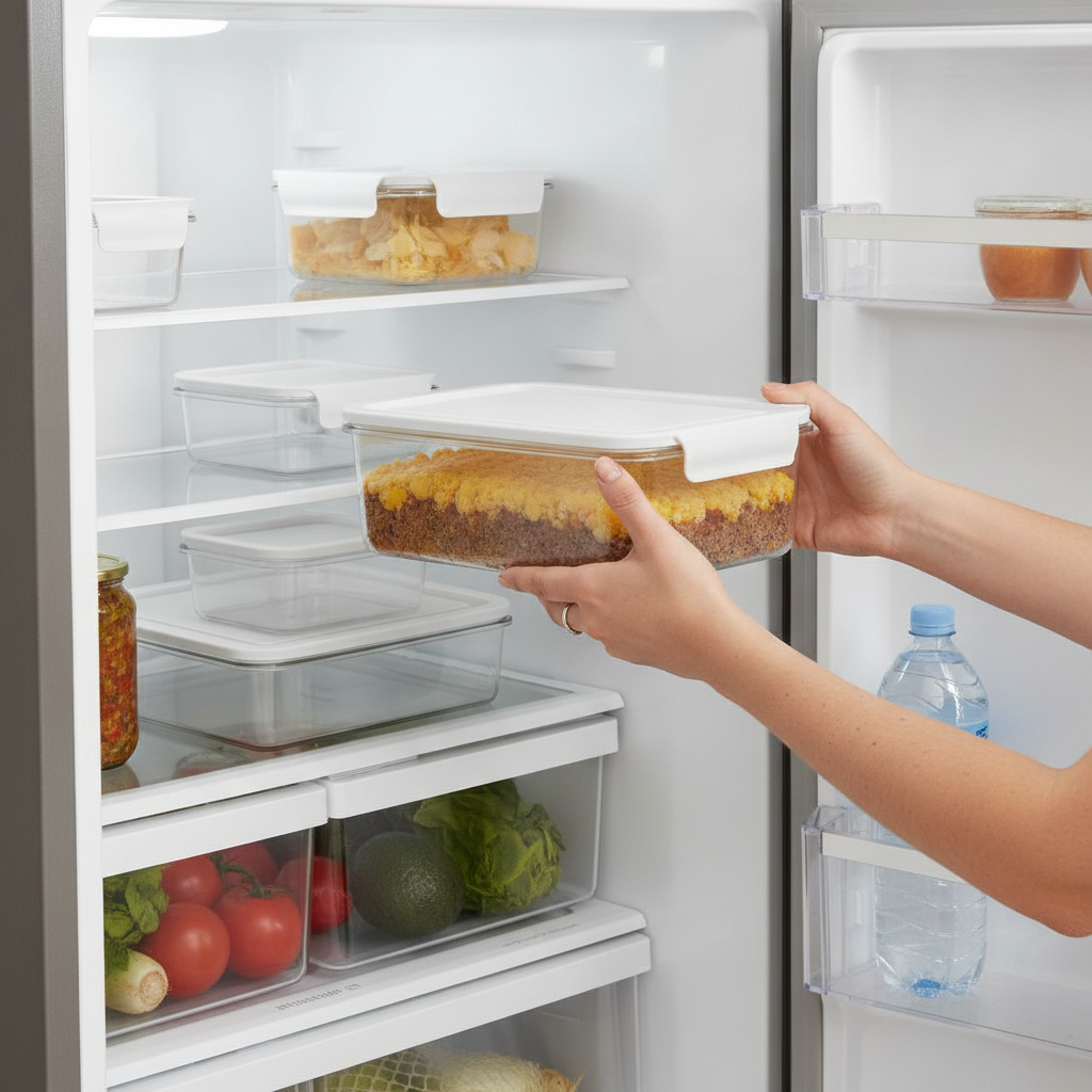 Contenedor transparente apilable manos refrigerador tamaño real uso cotidiano