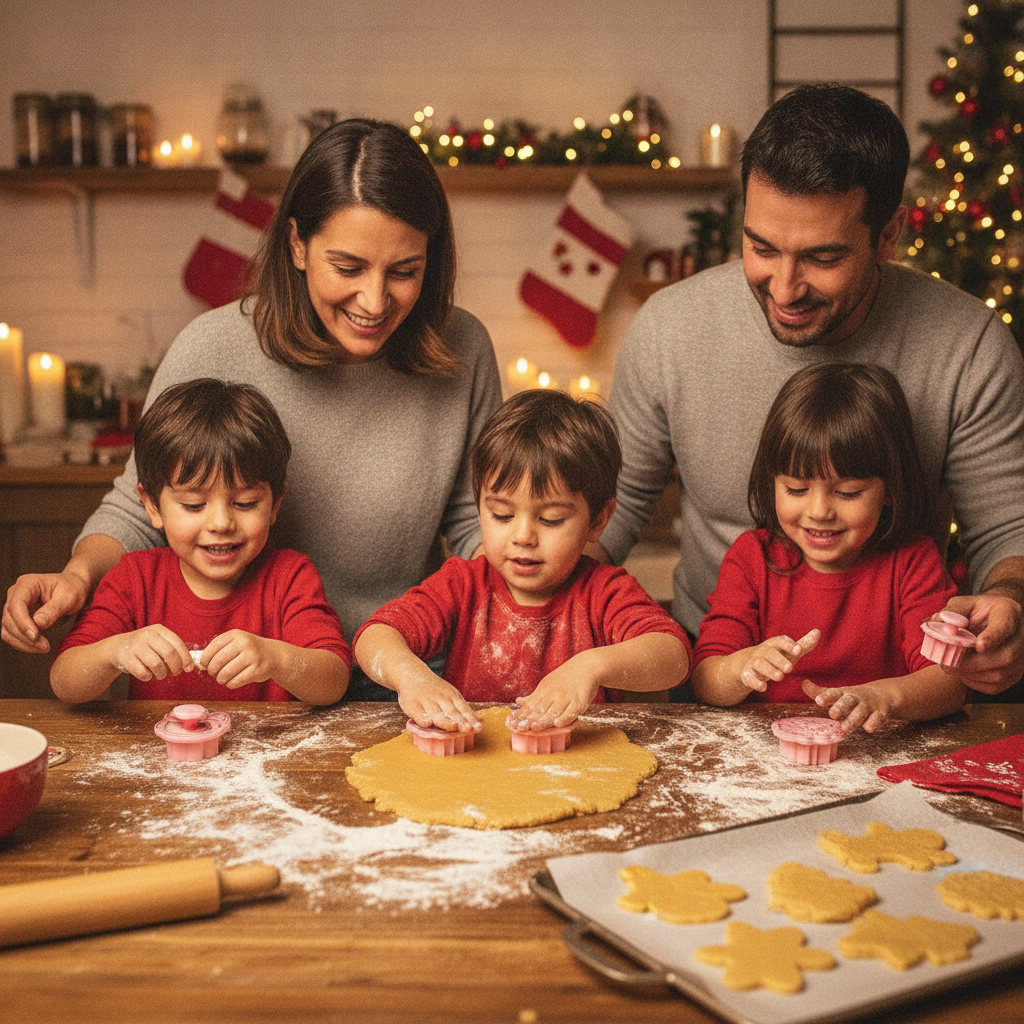 Familia chilena haciendo galletas navideñas con cortadores stamp rosados