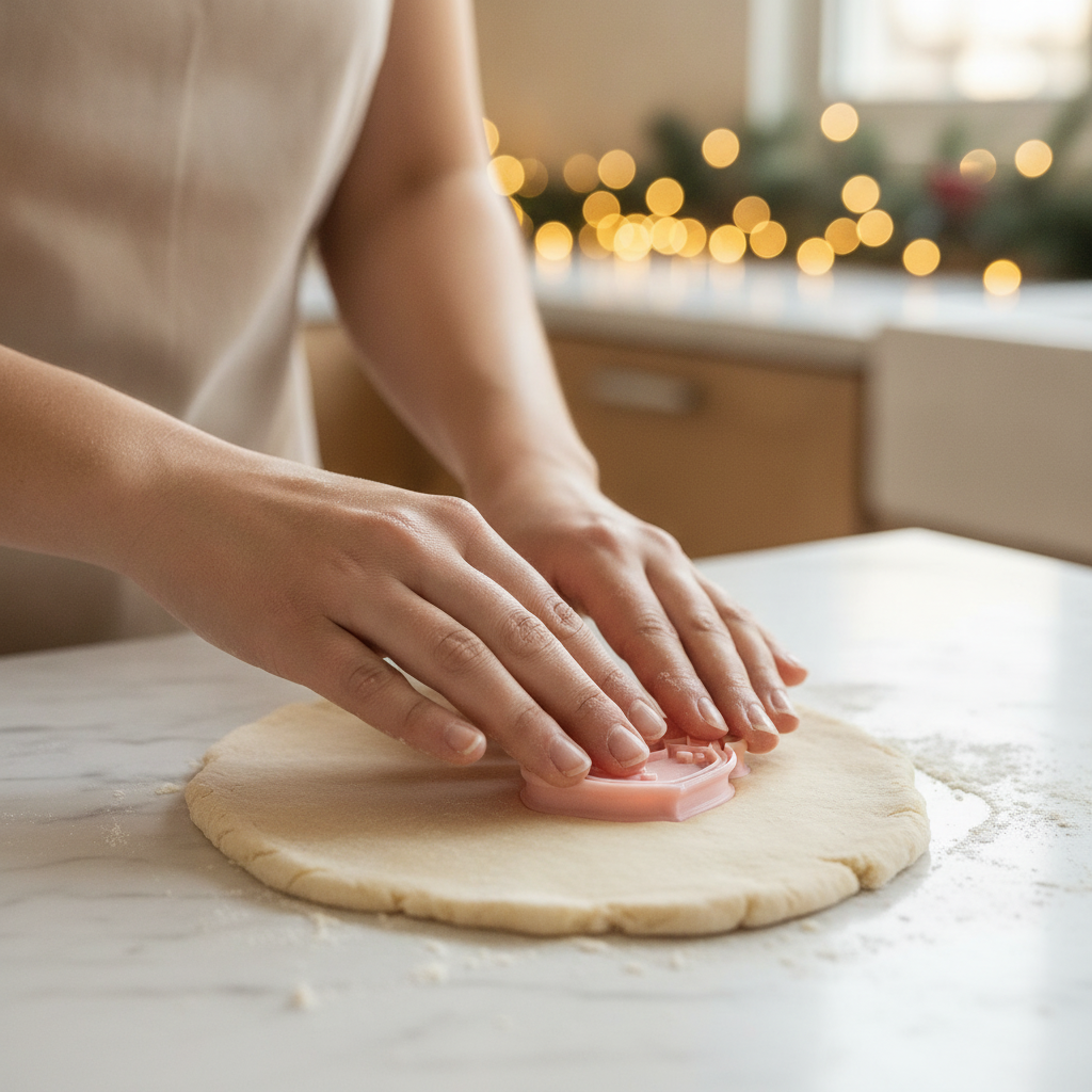 Manos presionando cortador galleta Santa Claus sobre masa extendida