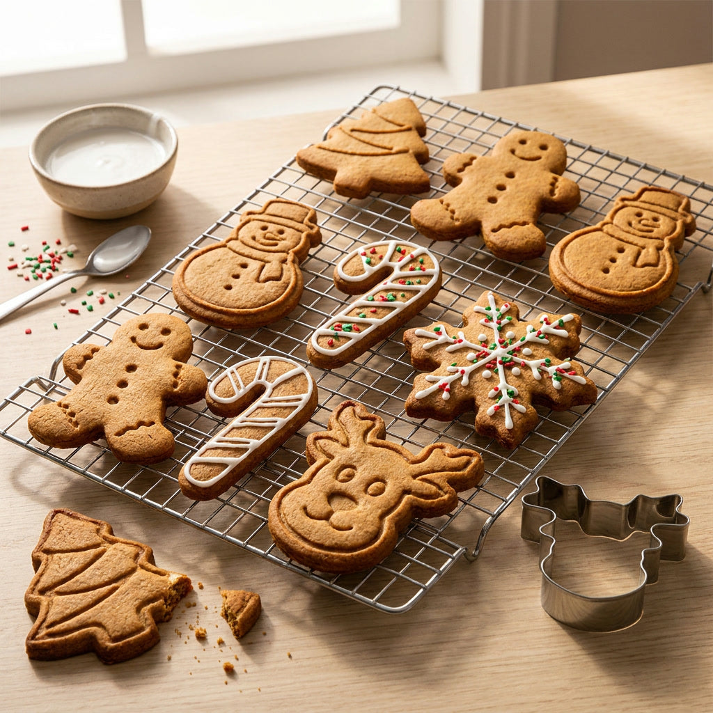 Galletas navideñas horneadas seis formas distintas junto a moldes acero cortadores