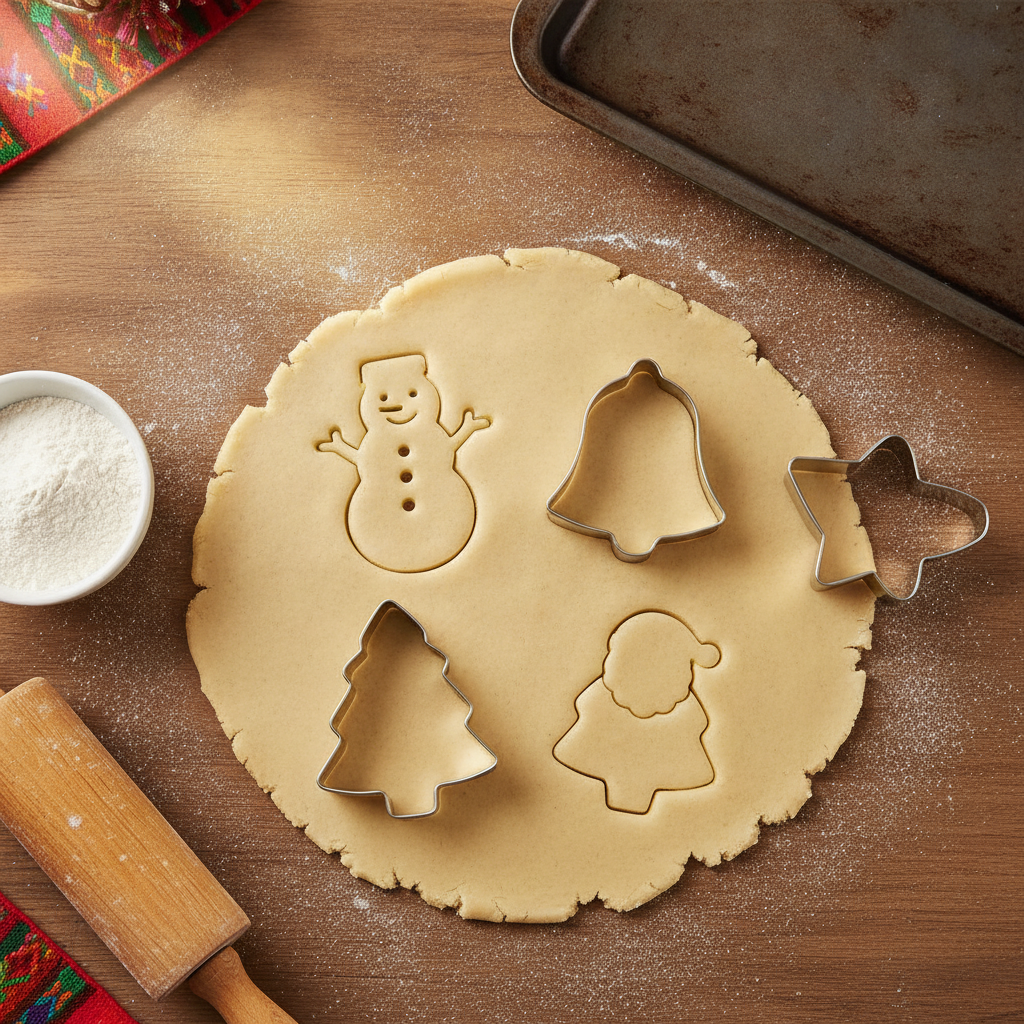 Moldes navideños galletas acero inox sobre masa extendida mesa cocina hogar