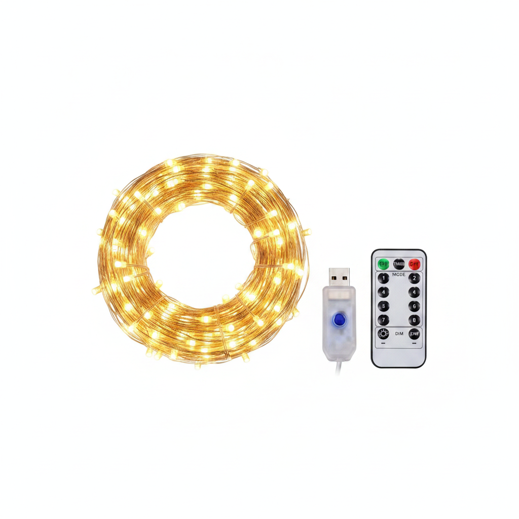 Cortina luces LED 300 LED USB control remoto cálida vista frontal fondo blanco