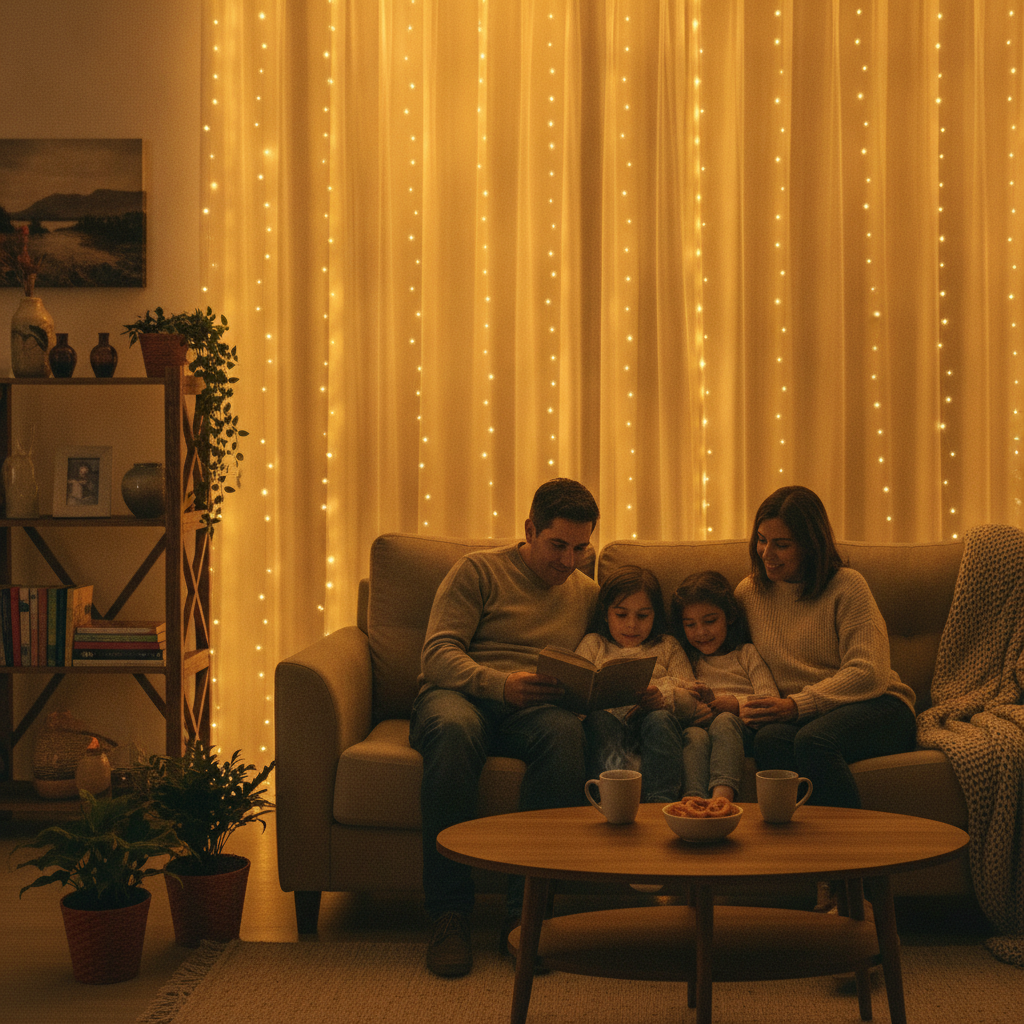 Cortina luces LED cálida decorando living chileno de noche ambiente acogedor