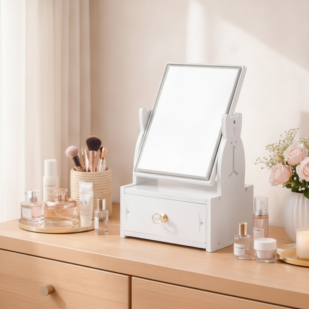 Cosmetiquero blanco con cajon escritorio hogar luz natural