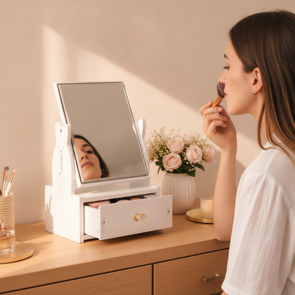 Mujer usando organizador maquillaje espejo cajon blanco
