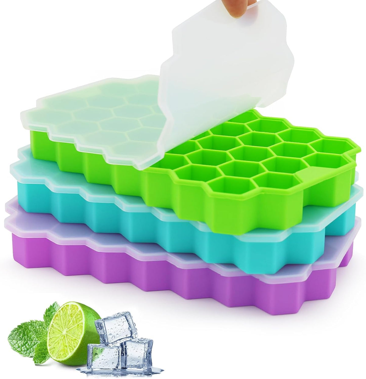 Cubetera silicona panal abeja 37 cubos hexagonales verde vista frontal