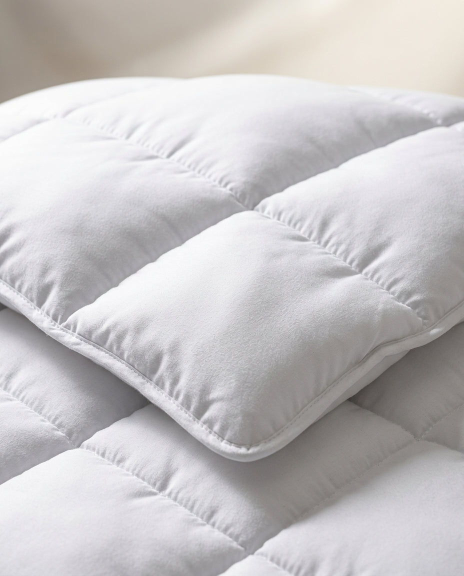 Mujer instalando cubrecama microfibra blanca cama 2 plazas hogar chileno