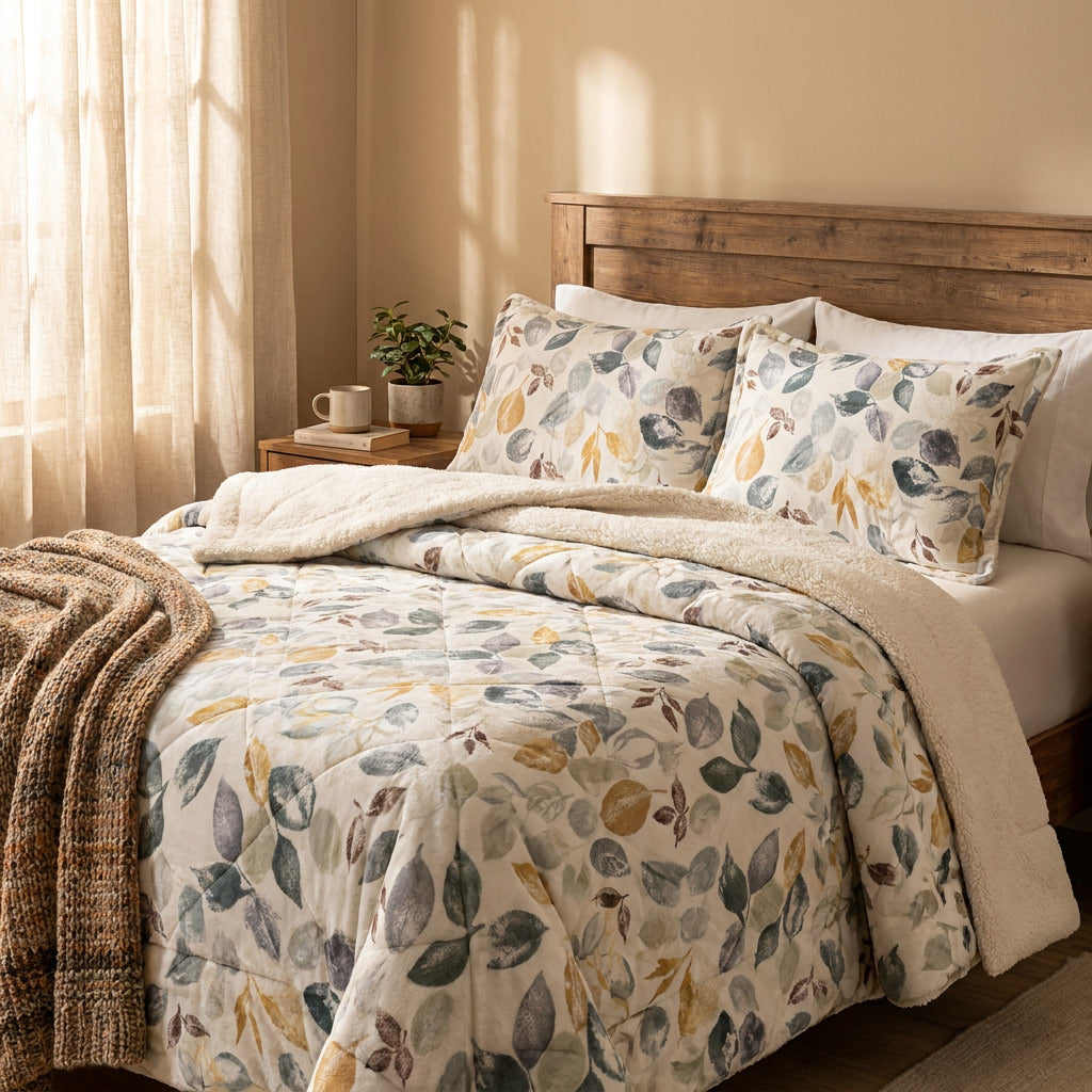 Cubrecama flannel estampado hojas 2 plazas Martiné Holly vista frontal