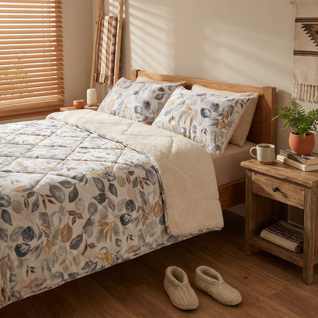 Cubrecama 2 plazas flannel estampado tendido en cama matrimonial