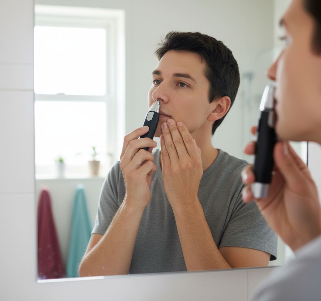 Persona usando depiladora nasal compacta frente espejo baño luz natural