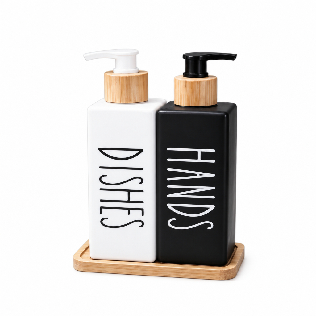 Set dispensador jabón líquido cerámica blanco negro bambu vista frontal