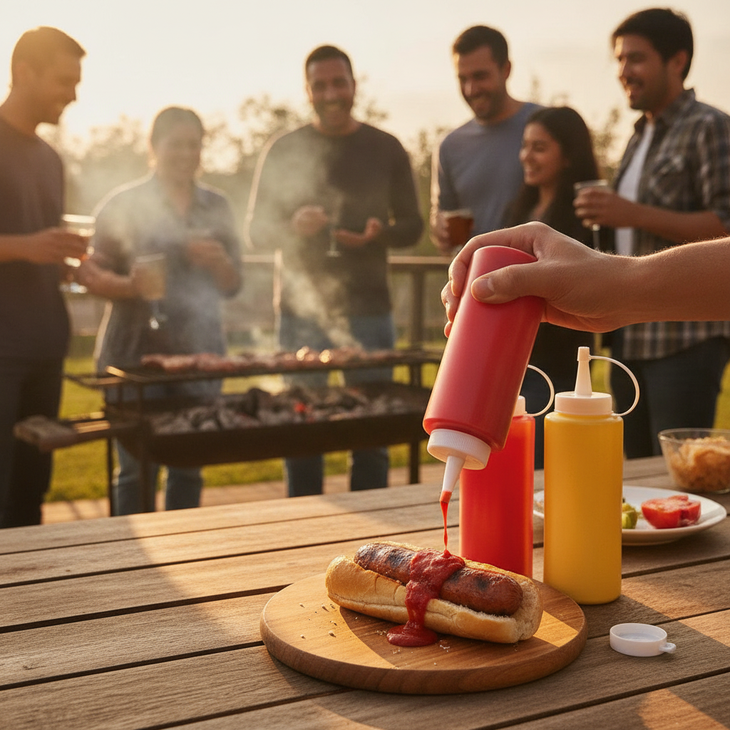 Dispensador salsa ketchup asado chileno parrilla choripán al aire libre
