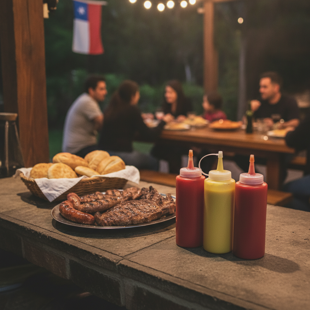 Frascos dispensadores salsas quincho reunión familiar chilena mostaza ketchup