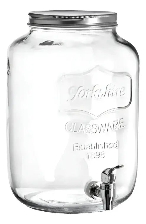 Dispensador vidrio vintage 5 litros con grifo plateado vista frontal fondo blanco