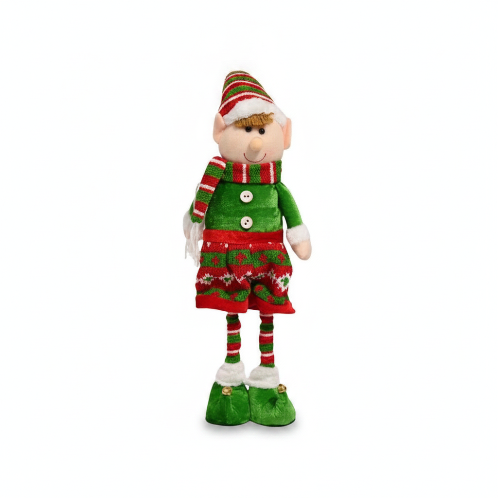 Duende navideño de pie 45cm muñeco tela verde rojo vista frontal