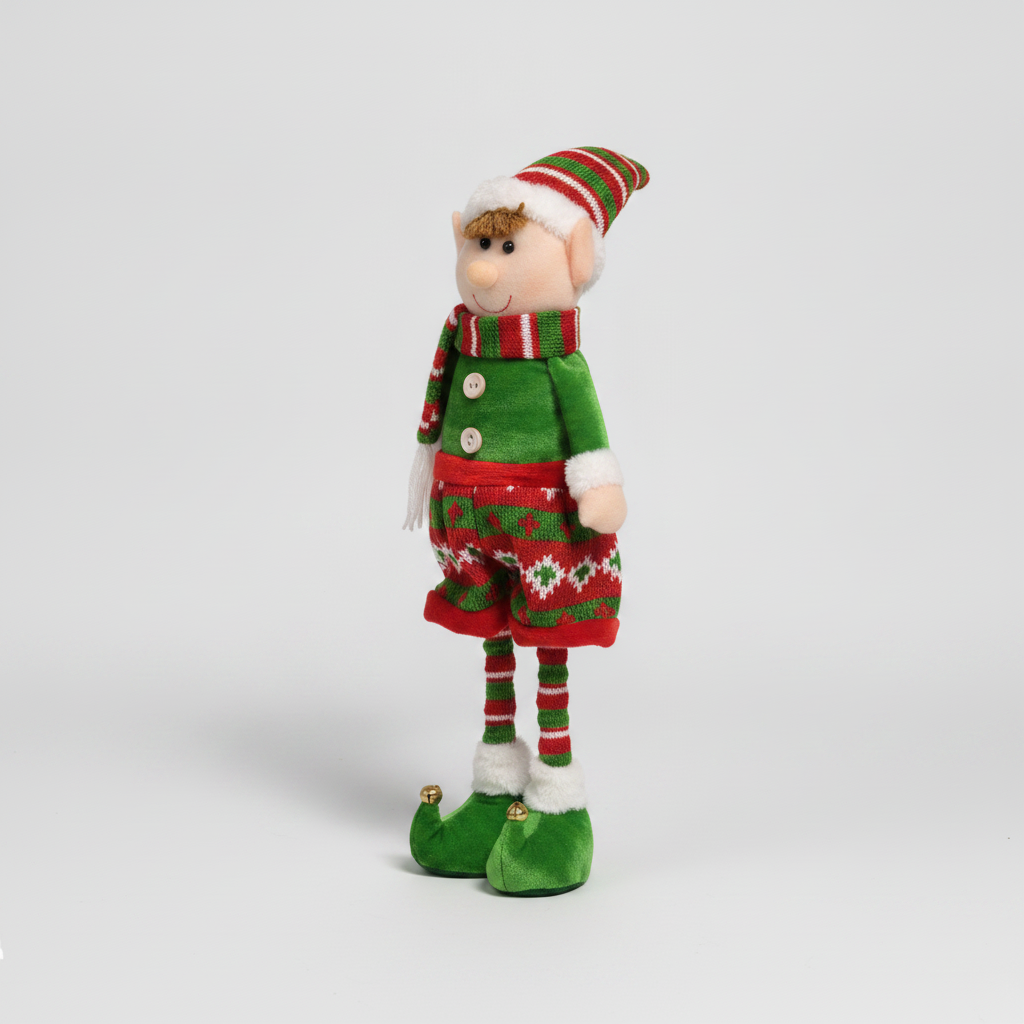 Duende elfo navideño 45cm ángulo lateral tela suave botones bufanda