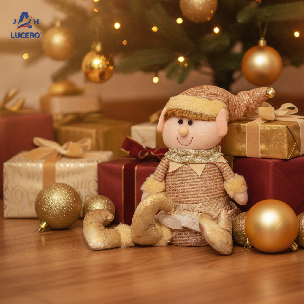 Peluche duende champagne base árbol navideño hogar chileno