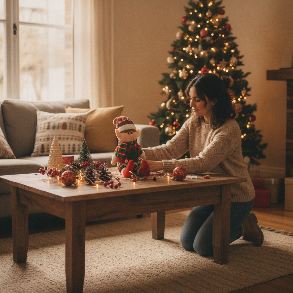 Decoración navideña muñeco elfo sentado mesa living familia chilena