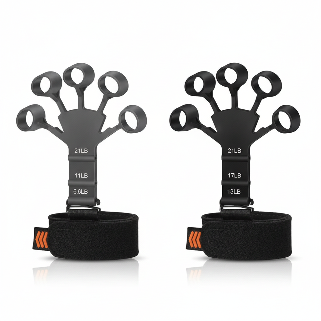 Ejercitador dedos hand grip silicona regulable pack 2 unidades negro gris vista frontal