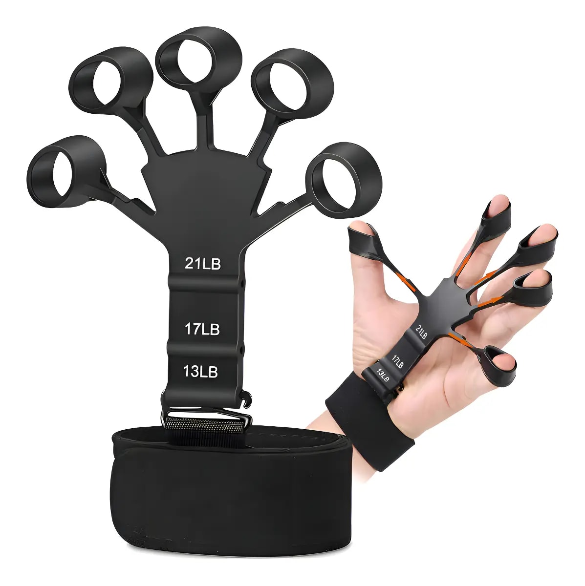 Mano usando fortalecedor de dedos silicona negro ejercicio en casa