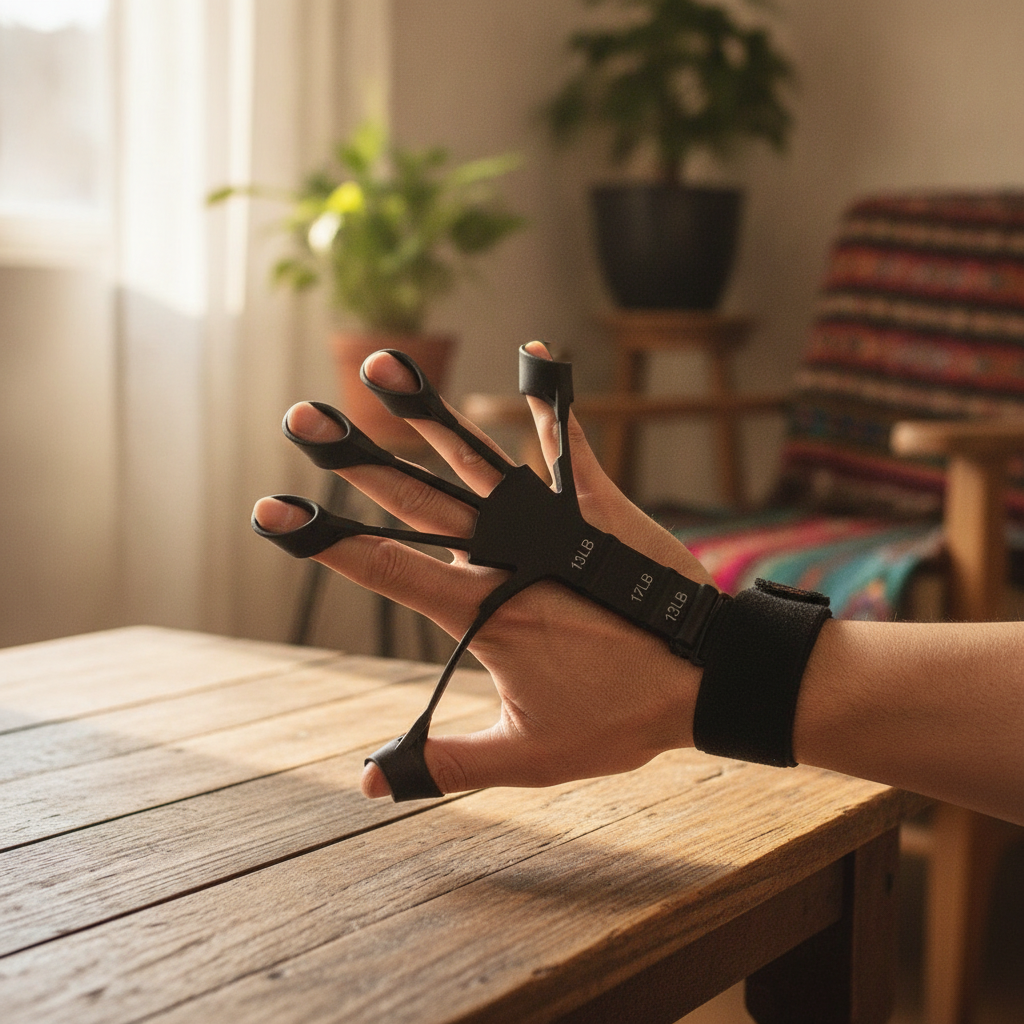 Mano usando fortalecedor de dedos silicona negro ejercicio en casa