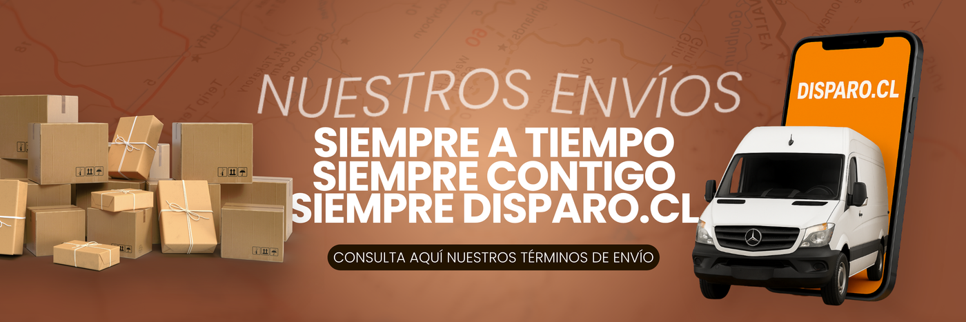 Banner de envíos de Disparo.cl con cajas de cartón apiladas y una furgoneta blanca saliendo de un teléfono móvil con pantalla naranja. Texto: "Siempre a tiempo, siempre contigo, siempre Disparo.cl"