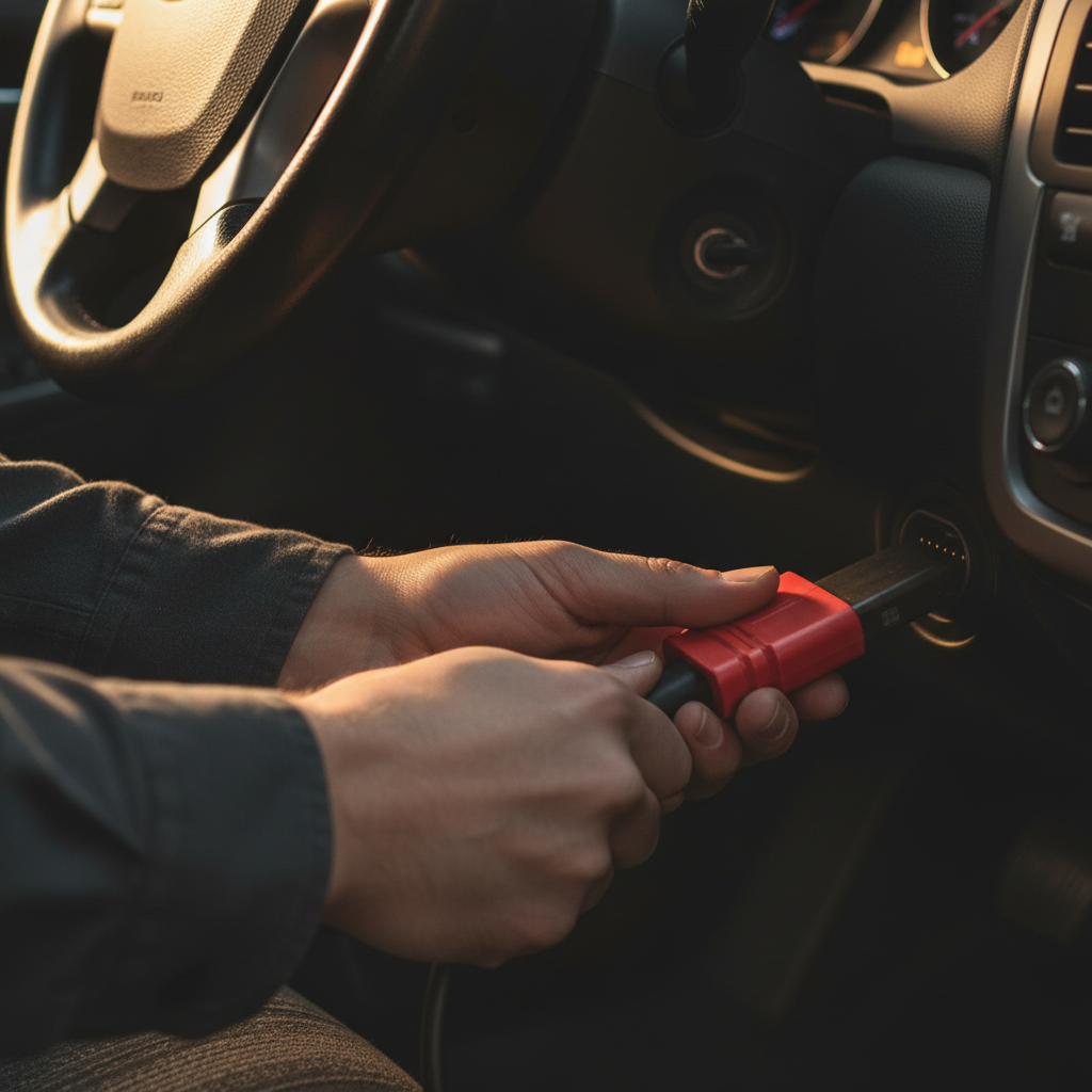 Mecánico chileno usando scanner OBD2 conectado al puerto de diagnóstico auto