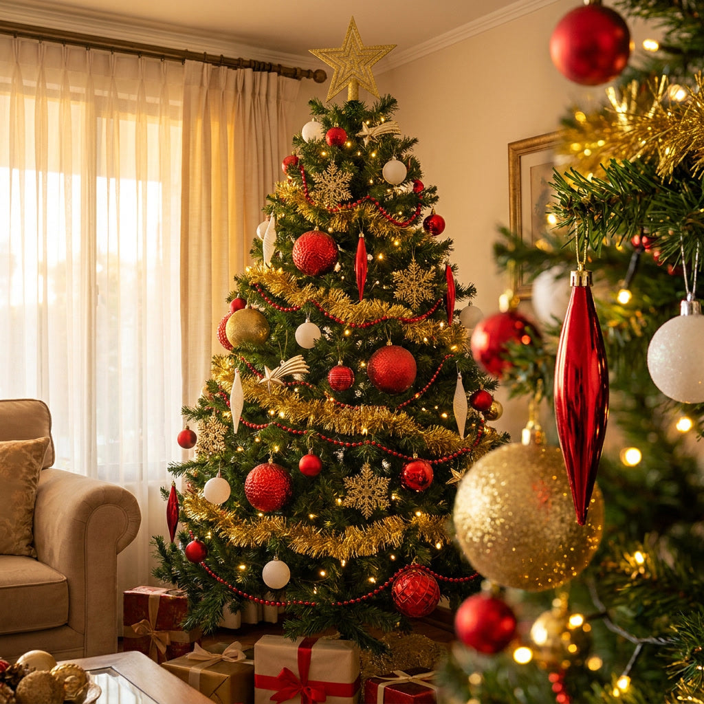 Kit adornos navideños árbol esferas tres tamaños rojo blanco dorado hogar