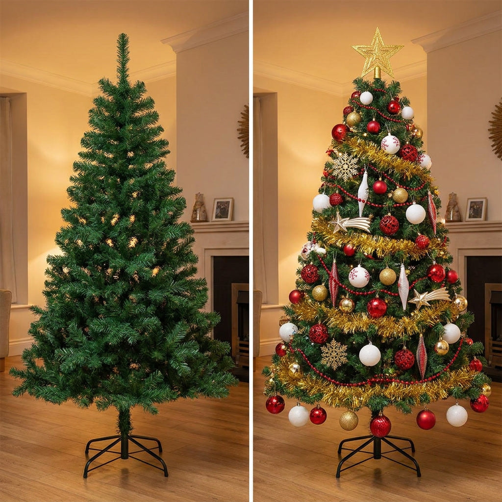 Decoración navidad comedor chileno guirnalda dorada esferas árbol completo